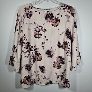 J Jill Purple‎ Floral Print Blouse Flowy Top Size XL Three Quarter Length Sleeve
